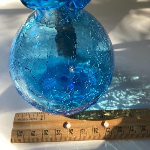 Vintage MCM Crackle Glass Mini Vase Ruffle Neck Ocean Blue Sky Blue Art Glass - Thumbnail 4