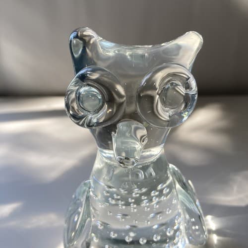 Vintage Art Glass Owl Paperweight Figurine Clear Bullicante Controlled Bubbles - Thumbnail 5