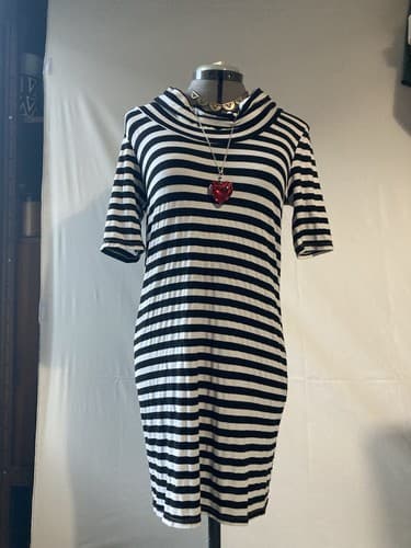 Vintage Forever 21 Cowl Neck Tunic Dress Black White Striped Emo Core Indie SZ L - Thumbnail 2