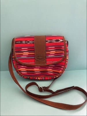 Ethnic Woven Colorful Cross Body Purse Leather Strap Meda Guatemala Artisan 7X7