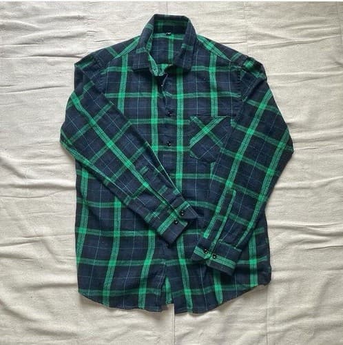Vintage Men's Green Blue Plaid Button Down Flannel Shirt MEDIUM GRUNGE Preppy