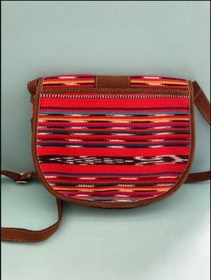 Ethnic Woven Colorful Cross Body Purse Leather Strap Meda Guatemala Artisan 7X7 - Thumbnail 4