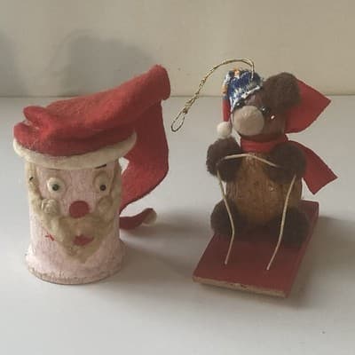 Vintage Handmade Craft Christmas Ornaments Lot of 2 Cute Retro Home Santa Head