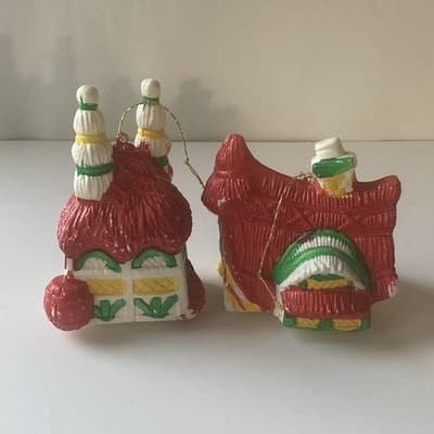 Vintage Blow Mold Christmas Ornaments Houses Lot of 2 MCM Kitschy Retro VTG XMAS