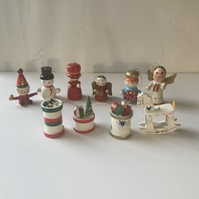 Vintage Christmas Wood Hand Painted Ornaments 10 Piece Lot 80s 90s Folk Retro