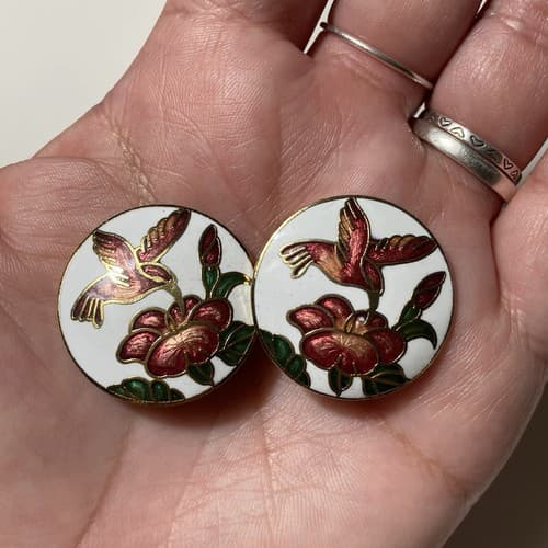 Vintage Cloisonne Hummingbird Round Clip On Earrings 80s 90s