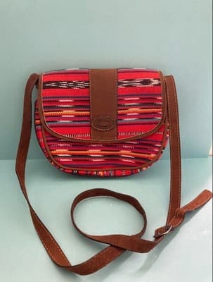 Ethnic Woven Colorful Cross Body Purse Leather Strap Meda Guatemala Artisan 7X7 - Thumbnail 2