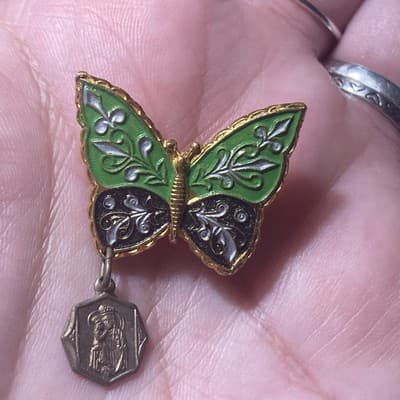 Vintage Catholic St Anne Butterfly Brooch W/ Dangling Medal Cloisonné Style HTF