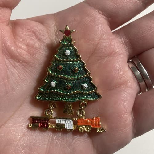 Vintage Christmast Tree brooch pin Choo Choo Train Vtg Xmas Articulated NOS