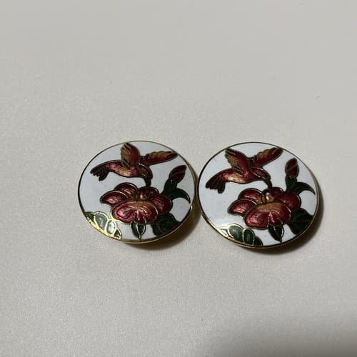 Vintage Cloisonne Hummingbird Round Clip On Earrings 80s 90s - Thumbnail 3