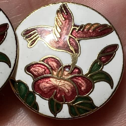 Vintage Cloisonne Hummingbird Round Clip On Earrings 80s 90s - Thumbnail 4