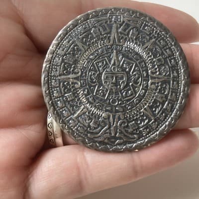 Vintage MCM Sterling Silver 925 Aztec Mayan Calendar Pendant Brooch RMM Mexico - Thumbnail 10