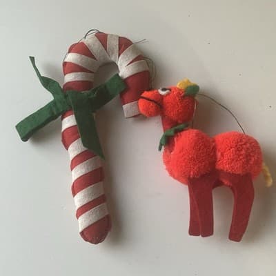 Vintage Handmade Christmas Ornaments 2 Piece Retro Candy Cane Pom Pom Reindeer