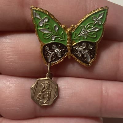 Vintage Catholic St Anne Butterfly Brooch W/ Dangling Medal Cloisonné Style HTF - Thumbnail 11