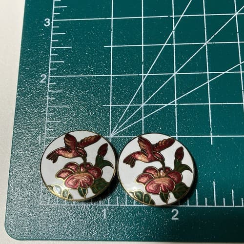 Vintage Cloisonne Hummingbird Round Clip On Earrings 80s 90s - Thumbnail 2