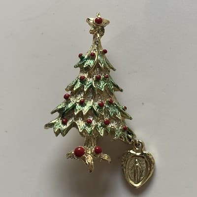 Vintage Christmas Tree Brooch w/ Dangling Micro Devotional Virgin Mary Catholic