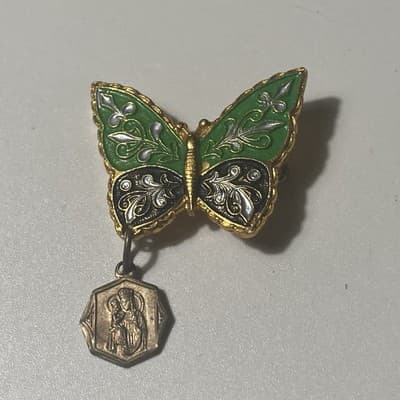 Vintage Catholic St Anne Butterfly Brooch W/ Dangling Medal Cloisonné Style HTF - Thumbnail 2