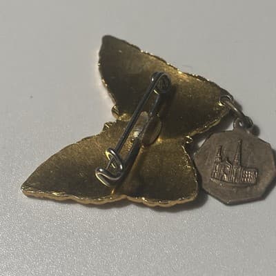 Vintage Catholic St Anne Butterfly Brooch W/ Dangling Medal Cloisonné Style HTF - Thumbnail 10