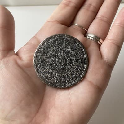 Vintage MCM Sterling Silver 925 Aztec Mayan Calendar Pendant Brooch RMM Mexico - Thumbnail 2