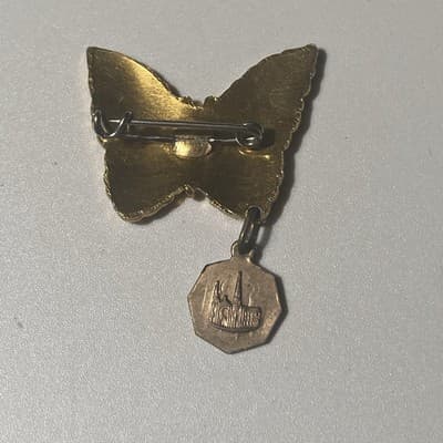 Vintage Catholic St Anne Butterfly Brooch W/ Dangling Medal Cloisonné Style HTF - Thumbnail 7