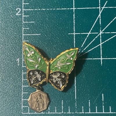 Vintage Catholic St Anne Butterfly Brooch W/ Dangling Medal Cloisonné Style HTF - Thumbnail 3