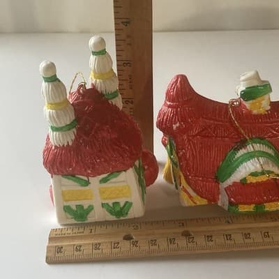Vintage Blow Mold Christmas Ornaments Houses Lot of 2 MCM Kitschy Retro VTG XMAS - Thumbnail 2