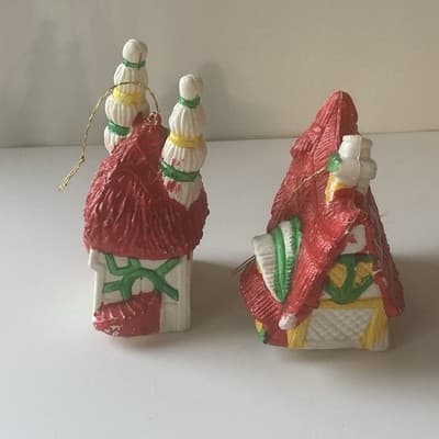 Vintage Blow Mold Christmas Ornaments Houses Lot of 2 MCM Kitschy Retro VTG XMAS - Thumbnail 7