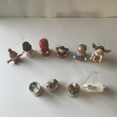 Vintage Christmas Wood Hand Painted Ornaments 10 Piece Lot 80s 90s Folk Retro - Thumbnail 2