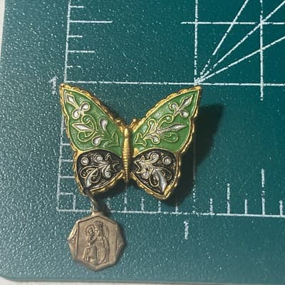 Vintage Catholic St Anne Butterfly Brooch W/ Dangling Medal Cloisonné Style HTF - Thumbnail 4
