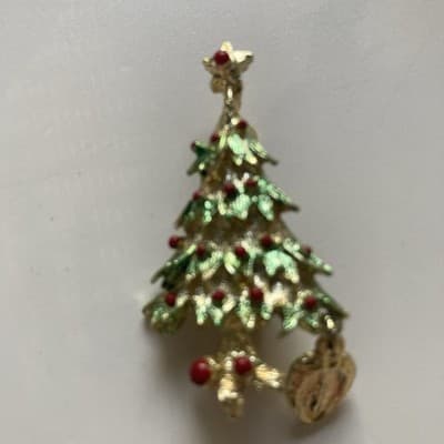 Vintage Christmas Tree Brooch w/ Dangling Micro Devotional Virgin Mary Catholic - Thumbnail 3