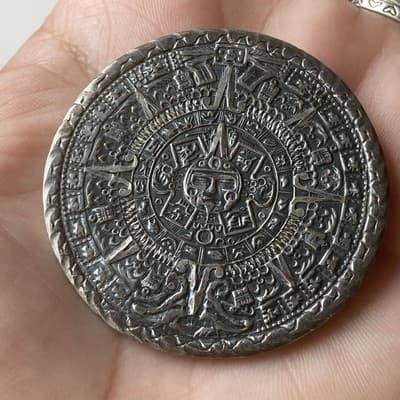 Vintage MCM Sterling Silver 925 Aztec Mayan Calendar Pendant Brooch RMM Mexico - Thumbnail 11