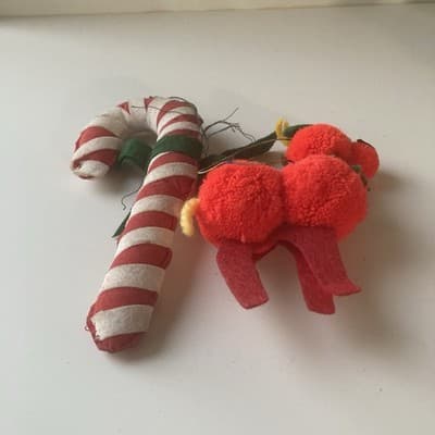 Vintage Handmade Christmas Ornaments 2 Piece Retro Candy Cane Pom Pom Reindeer - Thumbnail 8