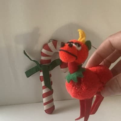 Vintage Handmade Christmas Ornaments 2 Piece Retro Candy Cane Pom Pom Reindeer - Thumbnail 3