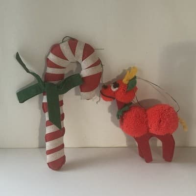 Vintage Handmade Christmas Ornaments 2 Piece Retro Candy Cane Pom Pom Reindeer - Thumbnail 2