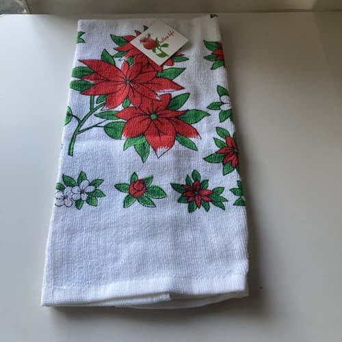Vintage Christmas Poinsettia Tea Towel Terry Cloth Vtg Kitchen DEADSTOCK NWT