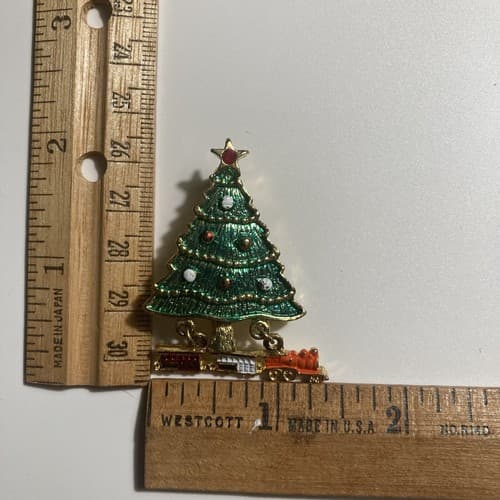 Vintage Christmast Tree brooch pin Choo Choo Train Vtg Xmas Articulated NOS - Thumbnail 4