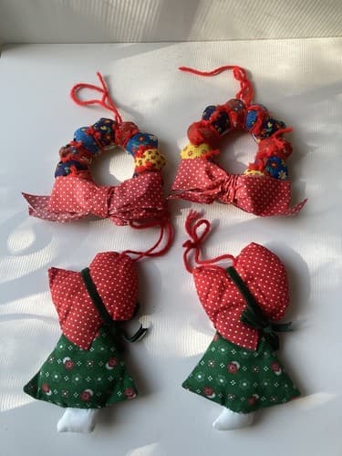 Vintage Christmas CALICO Patchwork Ornaments Set Of 4 Vtg Xmas 70s 80s Hand Made