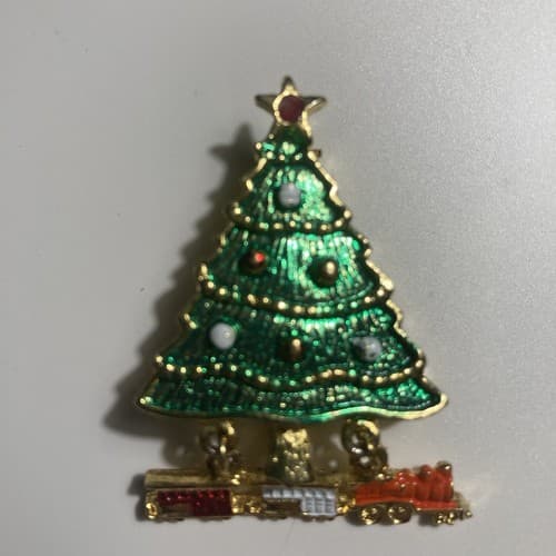 Vintage Christmast Tree brooch pin Choo Choo Train Vtg Xmas Articulated NOS - Thumbnail 3