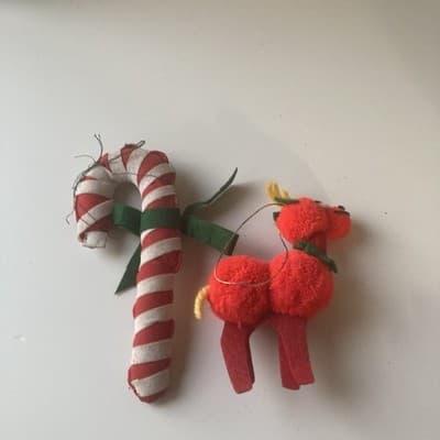 Vintage Handmade Christmas Ornaments 2 Piece Retro Candy Cane Pom Pom Reindeer - Thumbnail 5