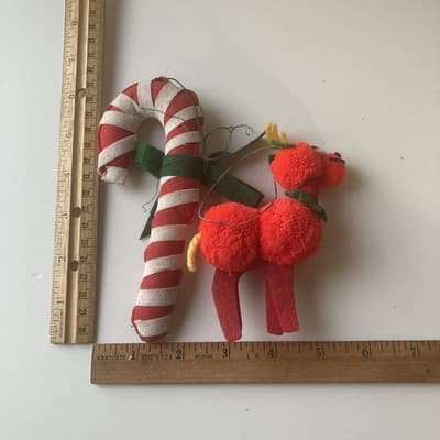 Vintage Handmade Christmas Ornaments 2 Piece Retro Candy Cane Pom Pom Reindeer - Thumbnail 6