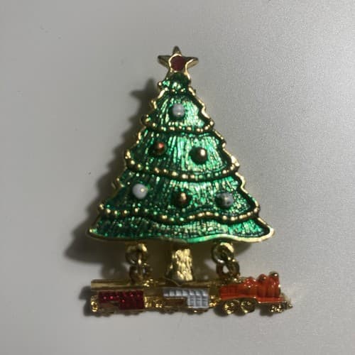Vintage Christmast Tree brooch pin Choo Choo Train Vtg Xmas Articulated NOS - Thumbnail 2