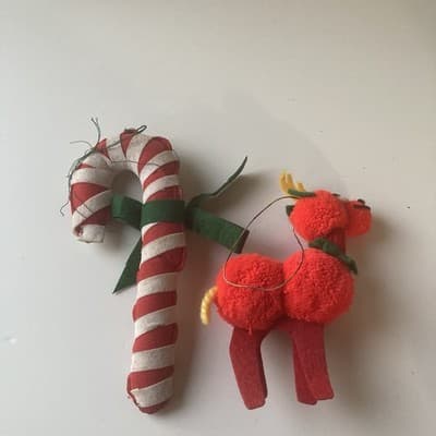 Vintage Handmade Christmas Ornaments 2 Piece Retro Candy Cane Pom Pom Reindeer - Thumbnail 9