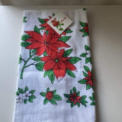 Vintage Christmas Poinsettia Tea Towel Terry Cloth Vtg Kitchen DEADSTOCK NWT - Thumbnail 2
