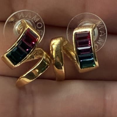 Vintage Roman Rainbow Baguette Rhinestone Earrings Swirl Gold Tone Posts Retro - Thumbnail 6