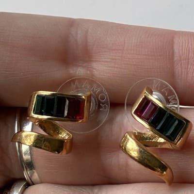 Vintage Roman Rainbow Baguette Rhinestone Earrings Swirl Gold Tone Posts Retro - Thumbnail 8