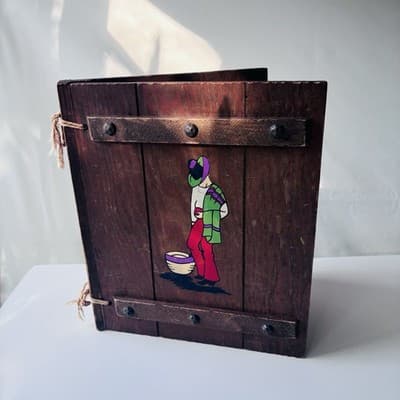 Vintage Wood Book Journal Cover Southwestern Mexican Sombrero Man Folk Art Retro