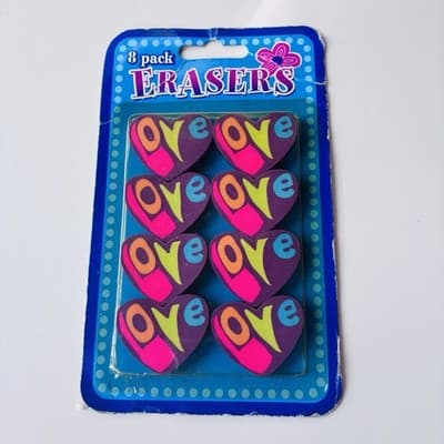 Vintage Deadstock 90s Y2K Retro LOVE Heart Erasers 8 Pack Psychedelic Stationery