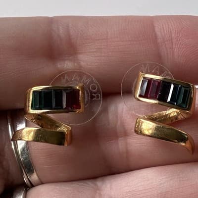 Vintage Roman Rainbow Baguette Rhinestone Earrings Swirl Gold Tone Posts Retro - Thumbnail 7