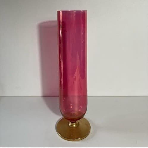 Vintage Rainbow Glass Co Cylinder Vase Cranberry Red Iridescent MCM 10.5 inches