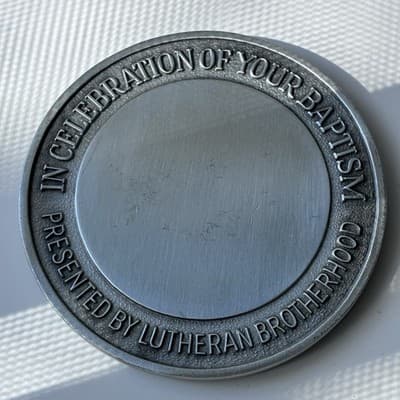 Vintage Lutheran Brotherhood Baptismal Medal Coin Pewter 3in Baptism Celebration - Thumbnail 2
